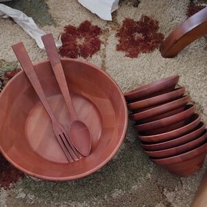Vintage Large Wooden Salad Bowl Set